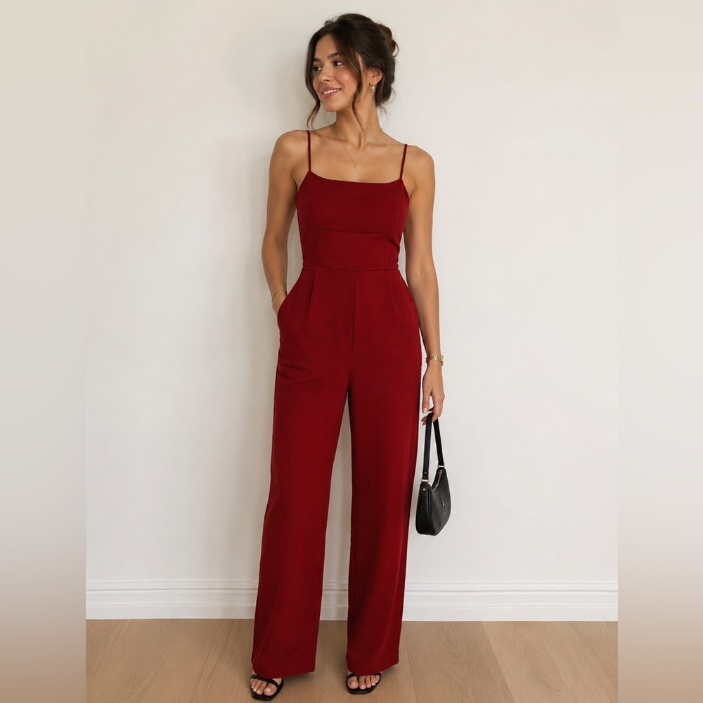 Urban Outfitters Spaghetti-Strap Burgundy Wide-Leg Jumpsuit